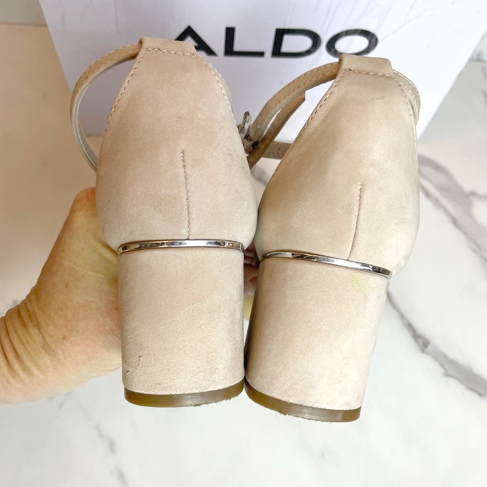 Aldo Kedeaviel Strappy Heeled OpenToe Sandals Metallic Silver Rhinestone Beige 5 - Picture 5 of 11